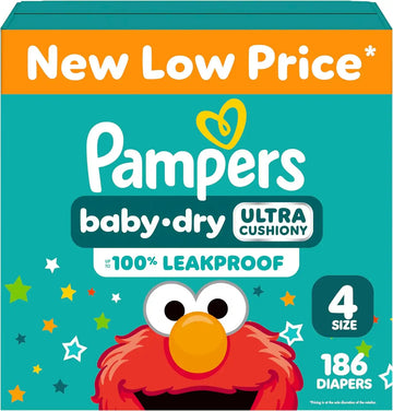 Pampers Diapers - Baby Dry - Size 4, 186 Count, Absorbent Disposable Infant Diaper (Packaging May Vary)