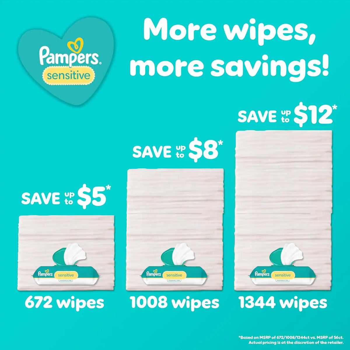 Pampers Sensitive Baby Wipes, Clinically Proven, Fragrance Free, Unscented, Water Based, Hypoallergenic, Multi-Use, Hand Wipes 168 Wipes Total (2X Flip-Top Packs) [Packaging May Vary]