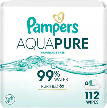 Pampers Aqua Pure Baby Wipes, 99% Water, Fragrance Free, Unscented, Water Based, Multi-Use, 112 Wipes Total (2X Flip-Top Packs) [Packaging May Vary]