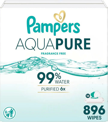 Pampers Aqua Pure Baby Wipes, 99% Water, Fragrance Free, Unscented, Water Based, Multi-Use, 896 Wipes Total (16X Flip-Top Packs) [Packaging May Vary]