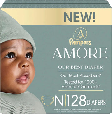 Pampers Amore, Size 0 (up to 10 lbs), 128 Count, Our Best Diaper – Hypoallergenic & Fragrance Free, Up to 100% Leakproof, Soft as Cashmere
