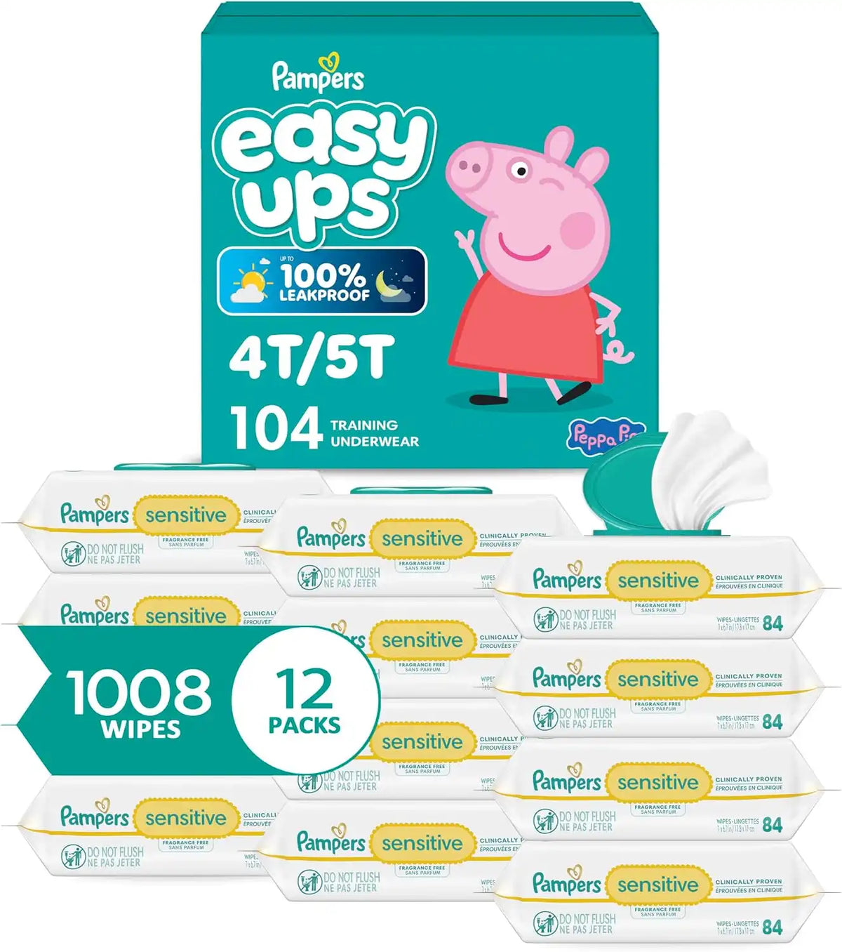 Pampers Easy Ups Pull On Training Pants Peppa Pig, 4T-5T, One Month Supply (104 Count) with Sensitive Water Based Baby Wipes 12 Flip-Top Packs (1008 Wipes Total)