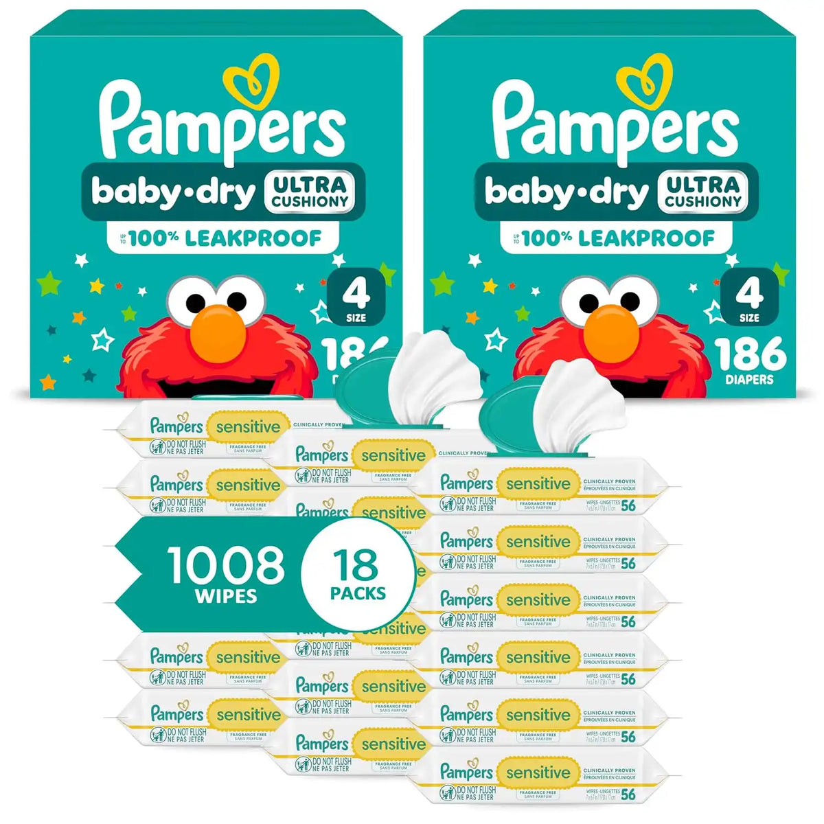 Pampers Baby Dry Disposable Baby Diapers Size 4, 2 Month Supply (2 x 186 Count) with Sensitive Water Based Baby Wipes 12X Multi Pack Pop-Top and Refill (1008 Count) [Packaging May Vary]