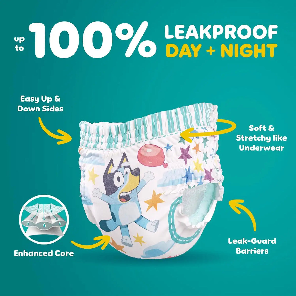 Easy Ups Girls & Boys Potty Training Pants, Size 7 (5T6T), 80 Count, Bluey Absorbent Training Underwear, Up to 100% Leakproof Day and Night, Hypoallergenic (Packaging May Vary)