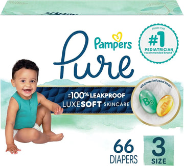 Pampers Pure Baby Diapers, Size 3 (16-28 lbs), 66, Up to 100% Leakproof, Premium Hypoallergenic Soft Diapers