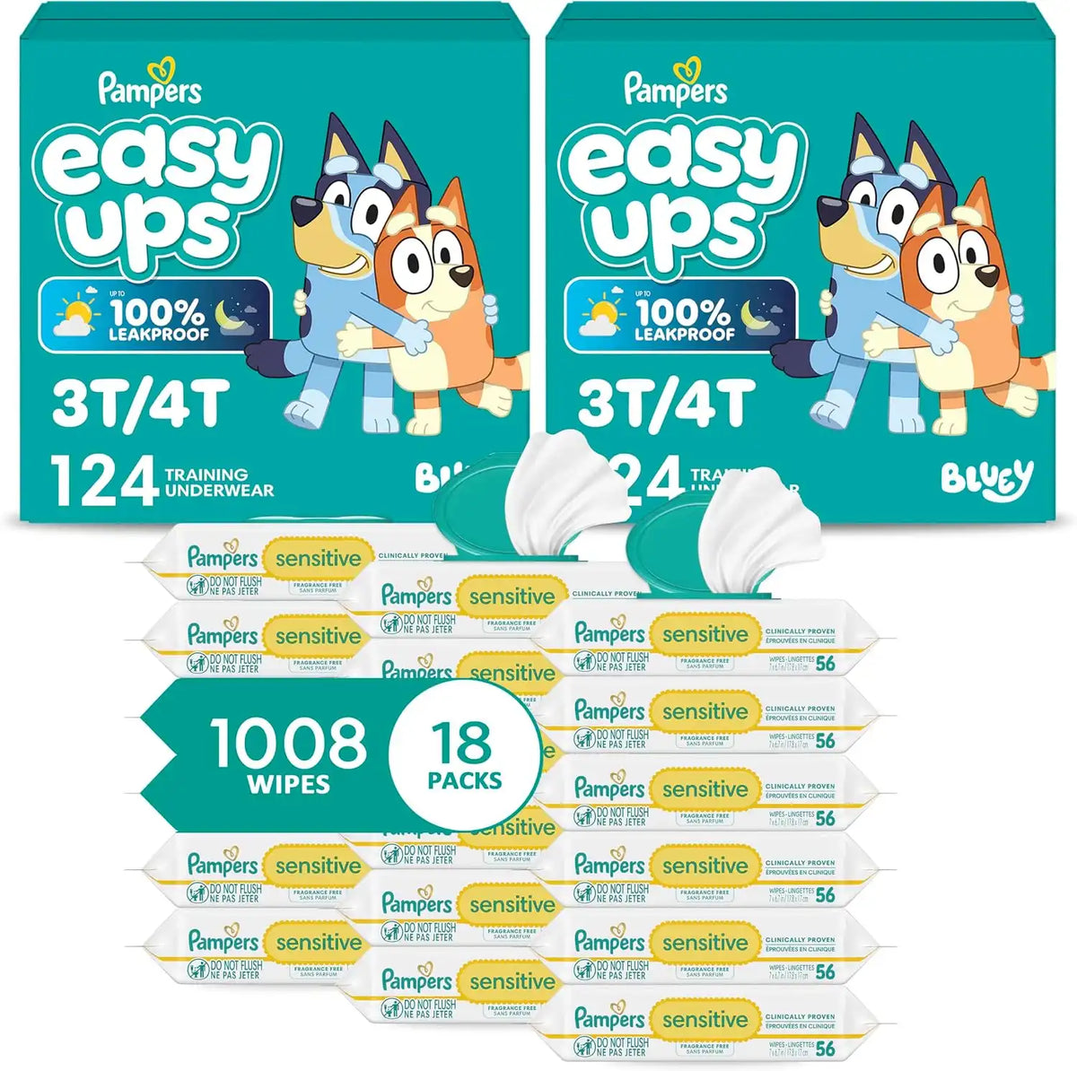 Pampers Easy Ups Pull On Training Underwear Boys, 3T-4T, 2 Month Supply (2 x 124 Count) with Sensitive Water Based Baby Wipes 12X Multi Pack Pop-Top and Refill (1008 Count)