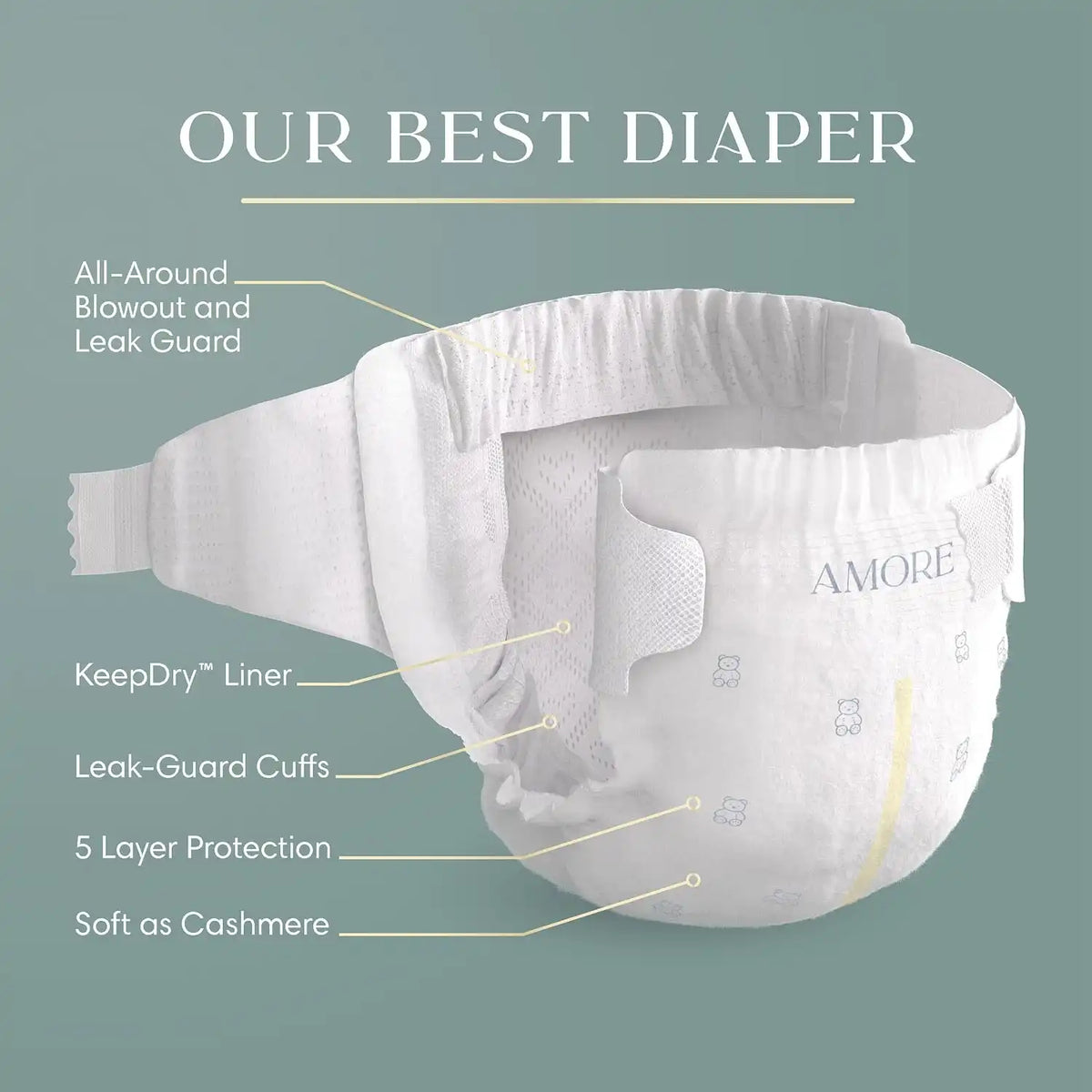 Pampers Amore, Size 3 (13-26 lbs), 168 Count, Our Best Diaper – Hypoallergenic & Fragrance Free, Up to 100% Leakproof, Soft as Cashmere