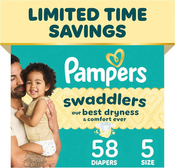 Pampers Swaddlers Diapers, Size 5 (20-37 lbs), 58 Count, Hypoallergenic, Absorbent, Keeps Baby Dry and Comfortable, Skin Safe Disposable Baby Diaper