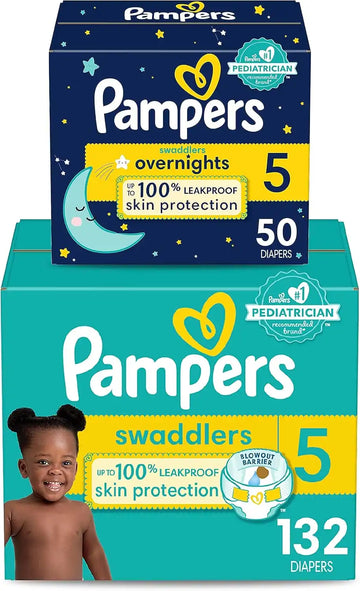 Pampers Disposable Diapers Size 5, Swaddlers 132 Count + Overnight (50 Count)