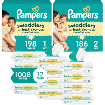 Pampers Baby Diapers and Wipes Starter Kit - Swaddlers Disposable Diapers Sizes 1 (198 Count) & 2 (186 Count) With Sensitive Water Based Wipes 12 Flip-Top Packs (1008 Total)
