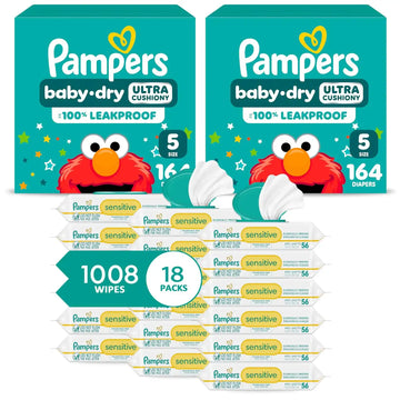 Pampers Baby Dry Disposable Baby Diapers Size 5, 2 Month Supply (2 x 164 Count) with Sensitive Water Based Baby Wipes 12X Multi Pack Pop-Top and Refill (1008 Count) [Packaging May Vary]