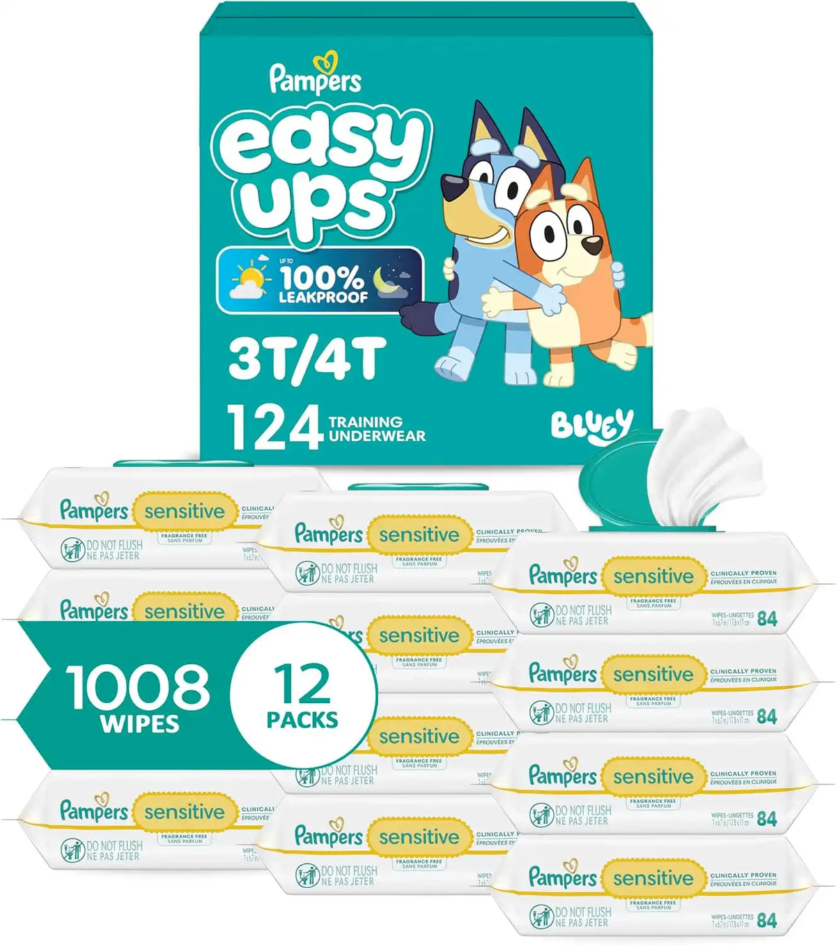 Pampers Easy Ups Pull On Bluey Training Pants Boys and Girls, 3T-4T, One Month Supply (124 Count) with Sensitive Water Based Baby Wipes 12 Flip-Top Packs (1008 Wipes Total)