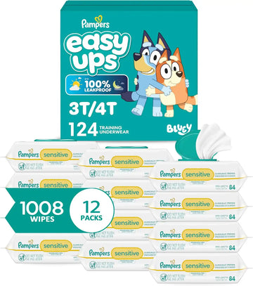 Pampers Easy Ups Pull On Bluey Training Pants Boys and Girls, 3T-4T, One Month Supply (124 Count) with Sensitive Water Based Baby Wipes 12 Flip-Top Packs (1008 Wipes Total)